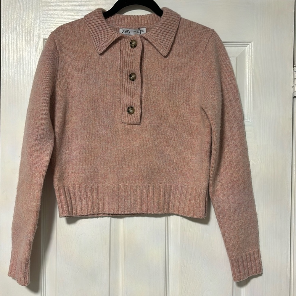Zara Soft Pink Knit Polo Sweater with Buttons - Picture 4 of 8